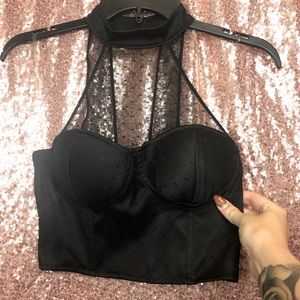 Charolette Russe Black Mesh Crop Halter Top